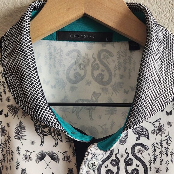 Greyson Polo Shirt Mens Large White Black Animal Print Performance Golf Wolf - Picture 4 of 12